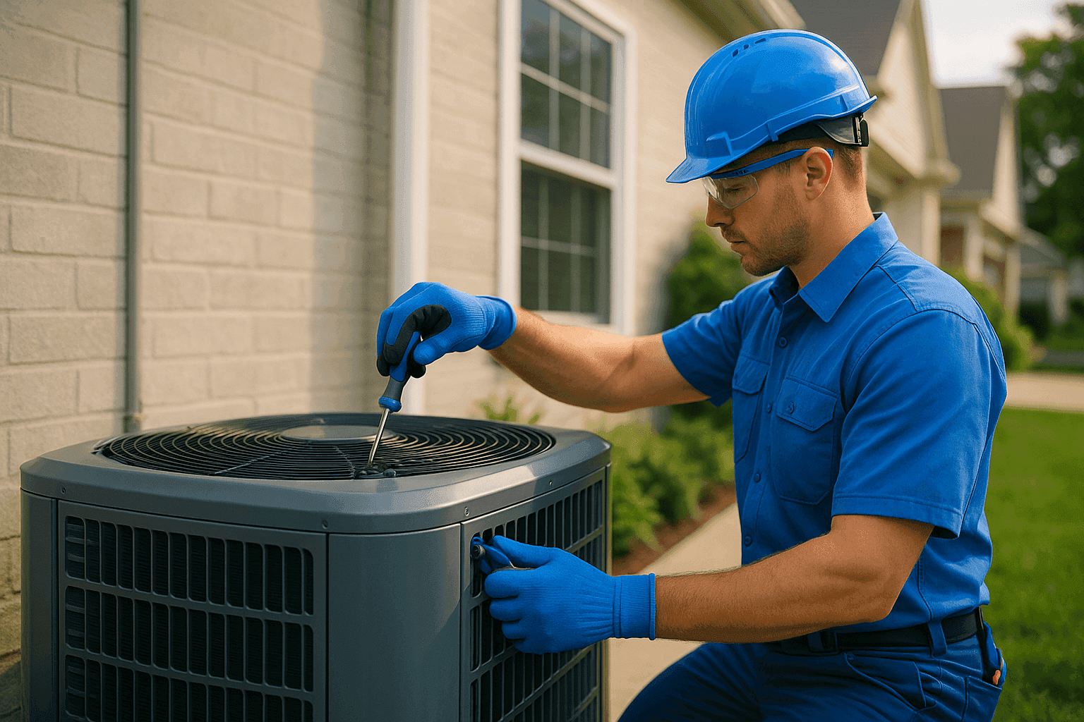 HVAC technician in protective gear servicing outdoor air conditioning unit at suburban home