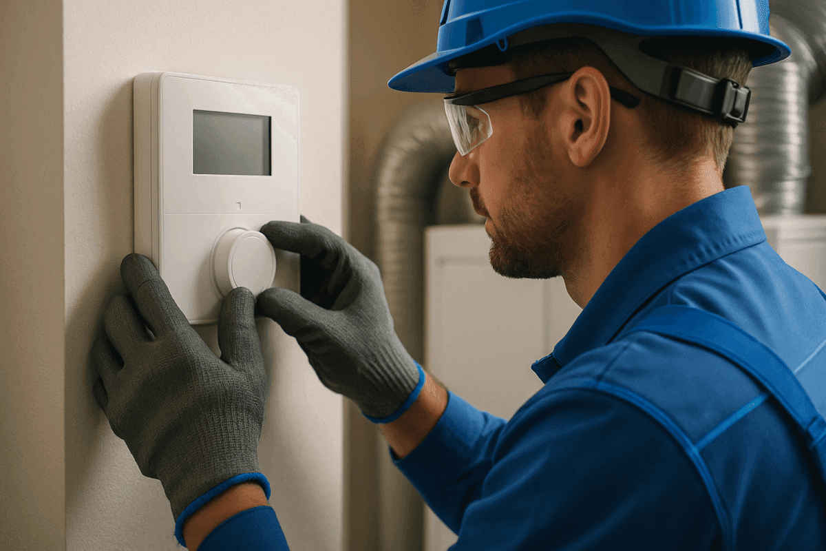 Close-up of gloved hands adjusting thermostat on modern HVAC unit indoors
